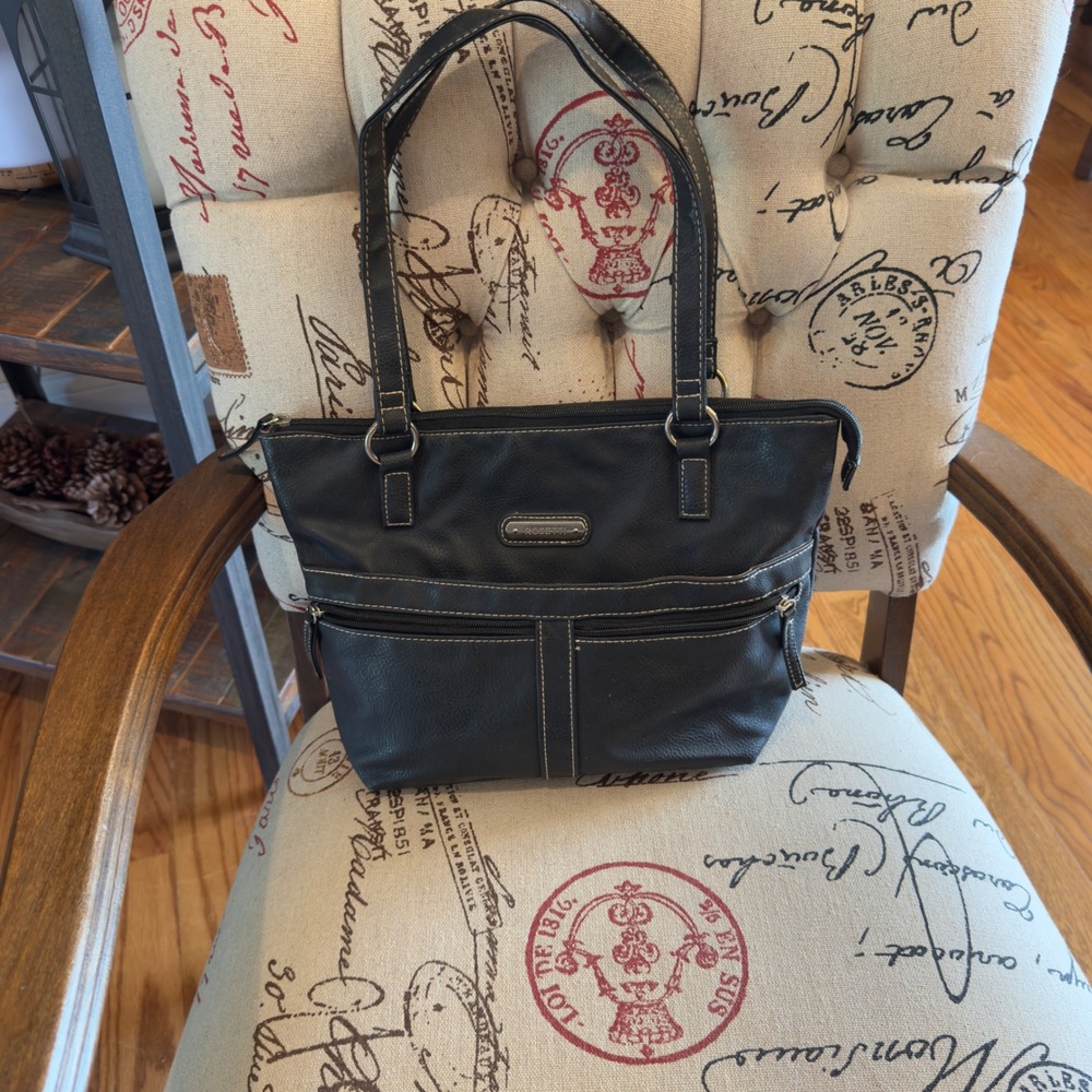 Rosetti Black Faux Leather Shoulder Bag Tote Contrast Stitching Multi-Pocket‎